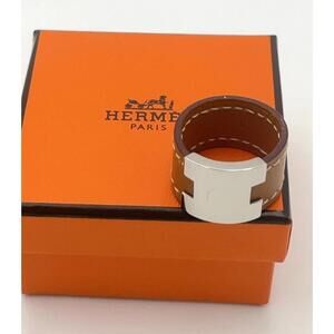 Hermes Ring Lurie Ring Brown Leather Metal Size L 10.5 Mens With Box!